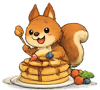 Chestnut enjoying a stack of pancakes
